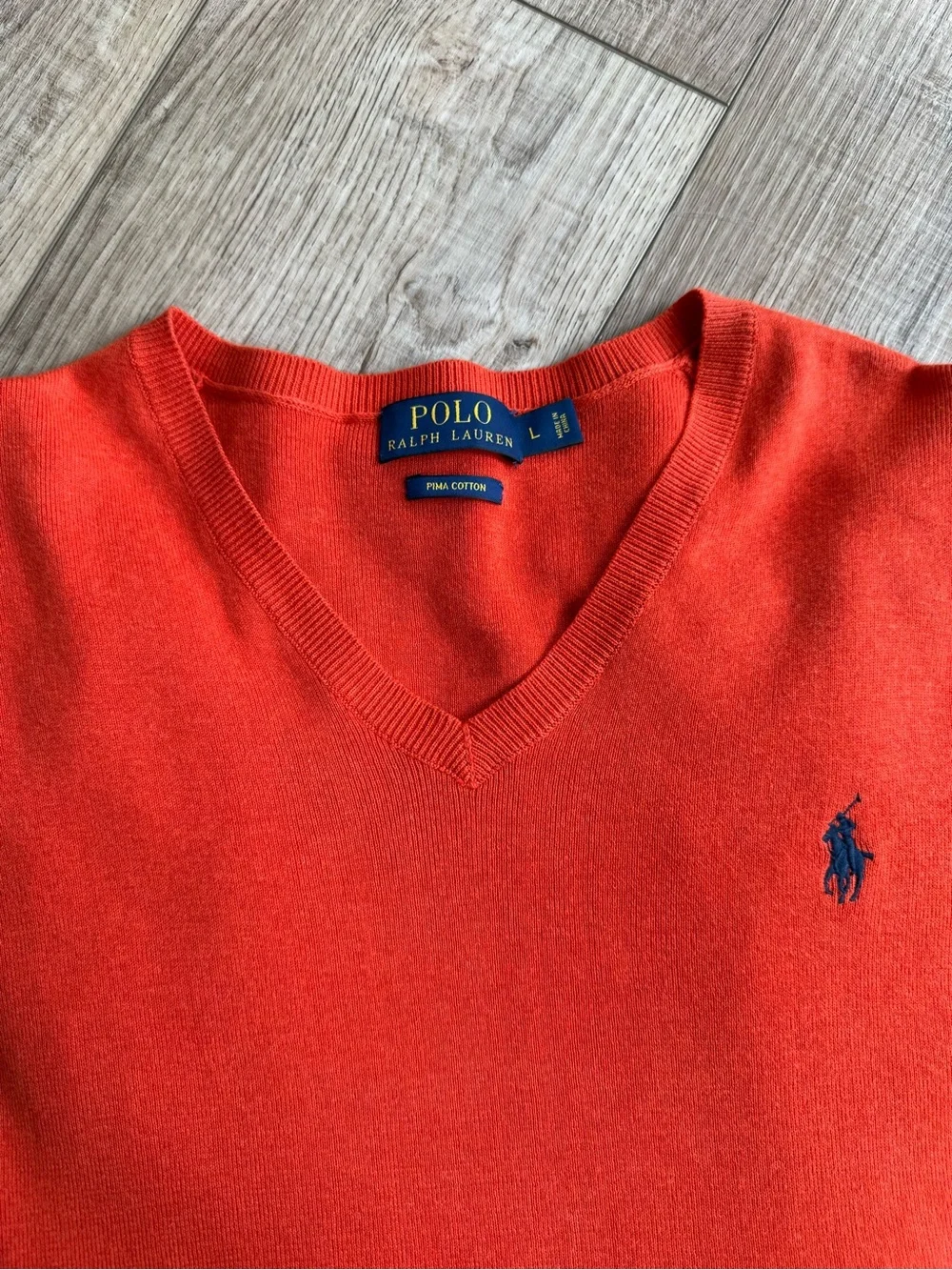 Polo by Ralph Lauren Men's V-Neck Sweater in Bright Orange with Navy Logo